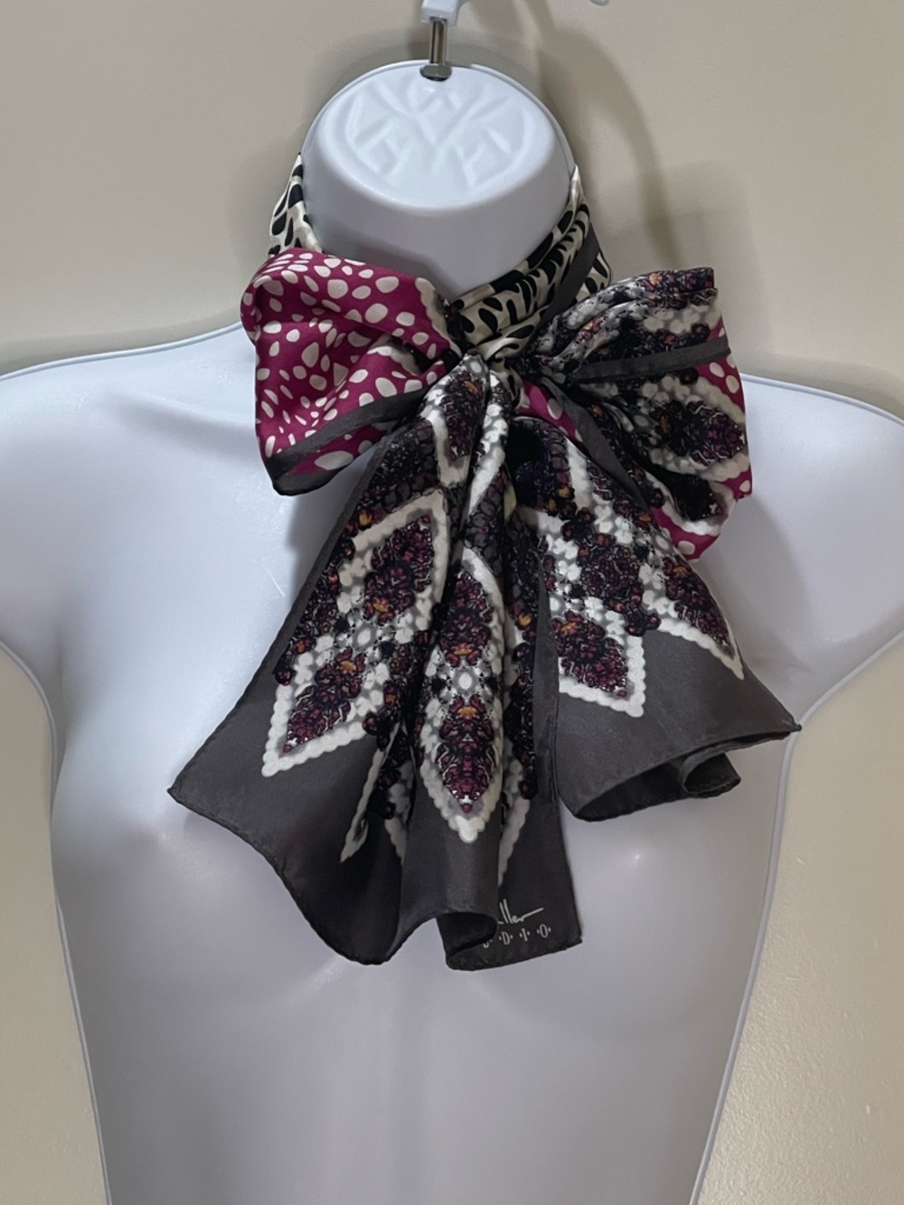 Vintage Nicole Miller Silk Scarf in Gray White Purple 11x53
